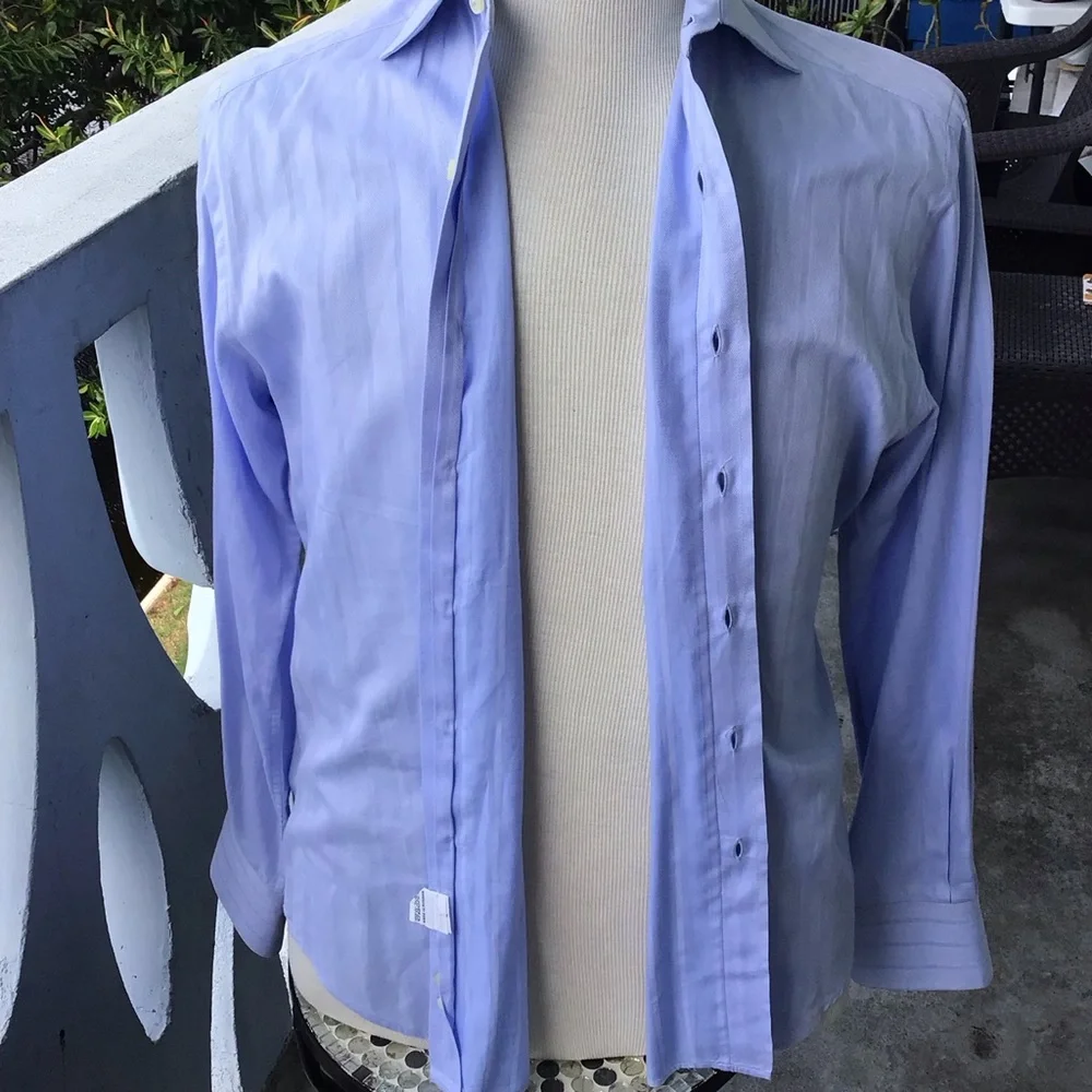 Valentino Baby Blue Herringbone/Striped 100% Cotton Long Sleeved Button Shirt - Picture 5 of 10